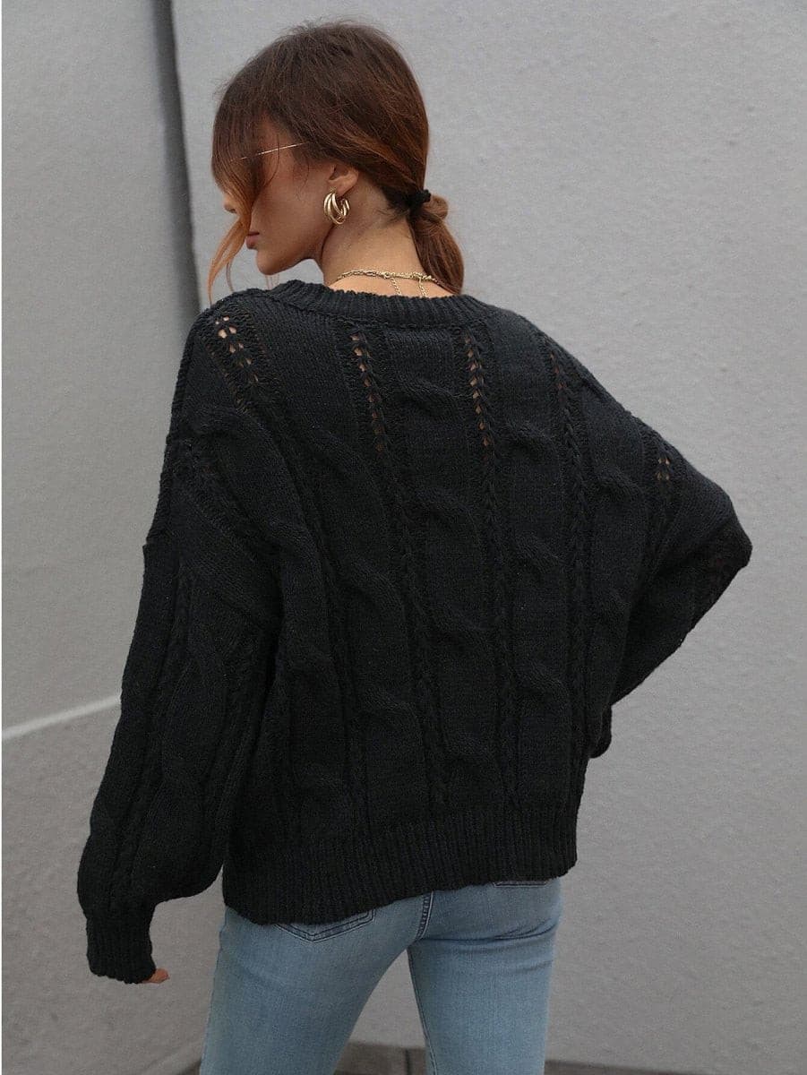 Cable-Knit Openwork Round Neck Sweater - Fashion Bug Online