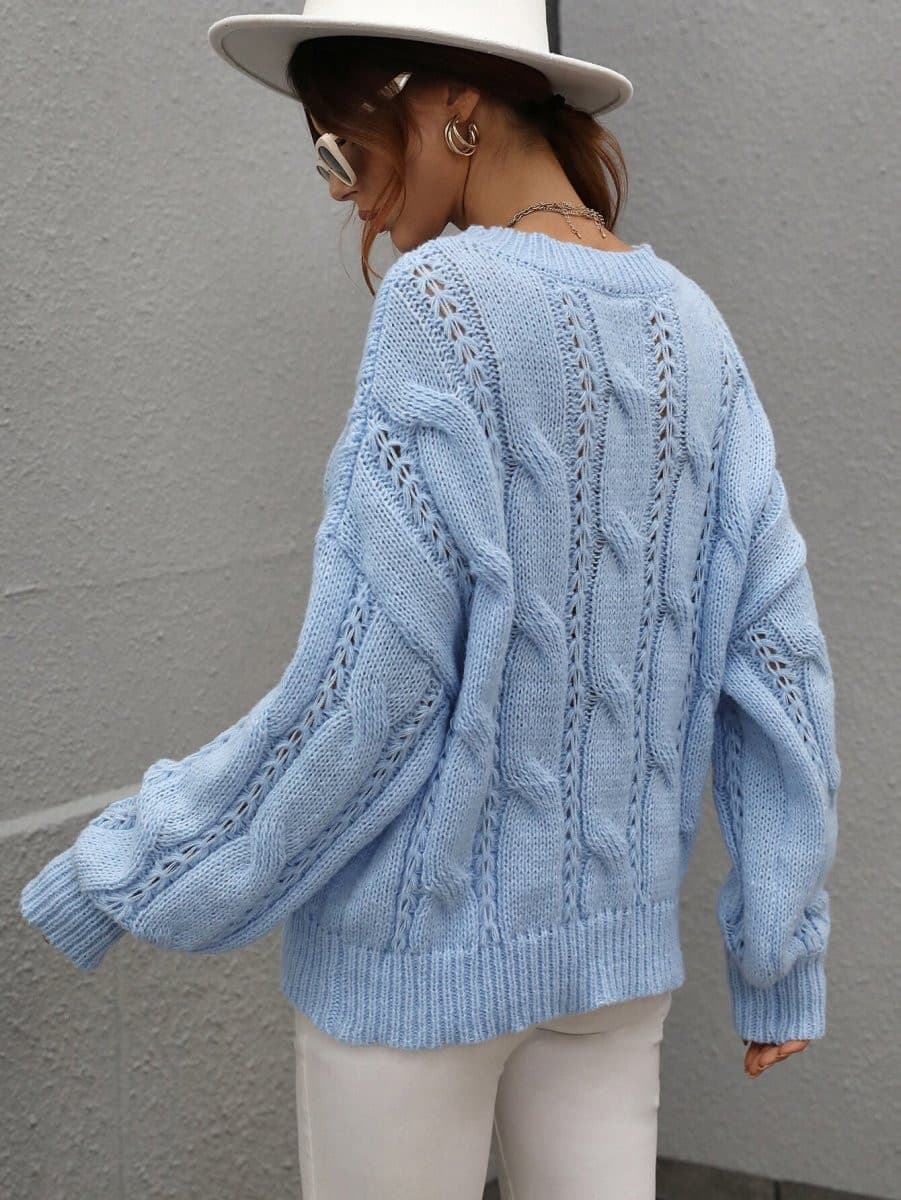 Cable-Knit Openwork Round Neck Sweater - Fashion Bug Online