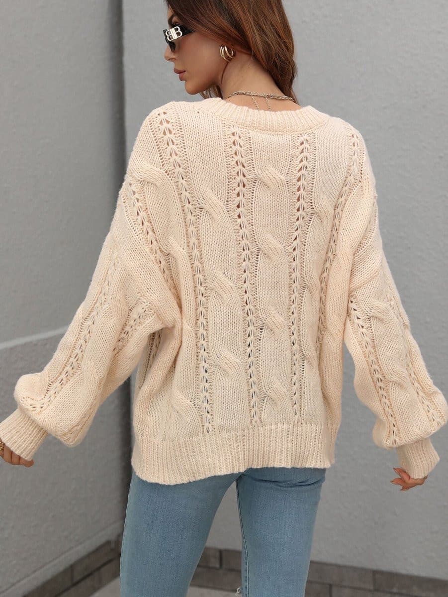 Cable-Knit Openwork Round Neck Sweater - Fashion Bug Online