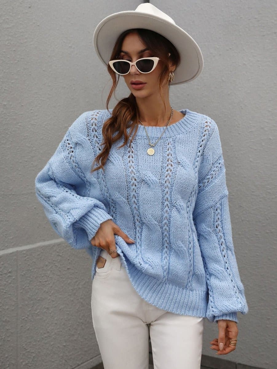 Cable-Knit Openwork Round Neck Sweater - Fashion Bug Online