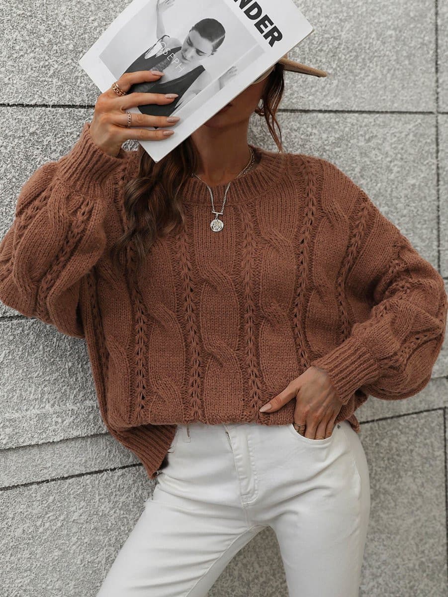 Cable-Knit Openwork Round Neck Sweater - Fashion Bug Online