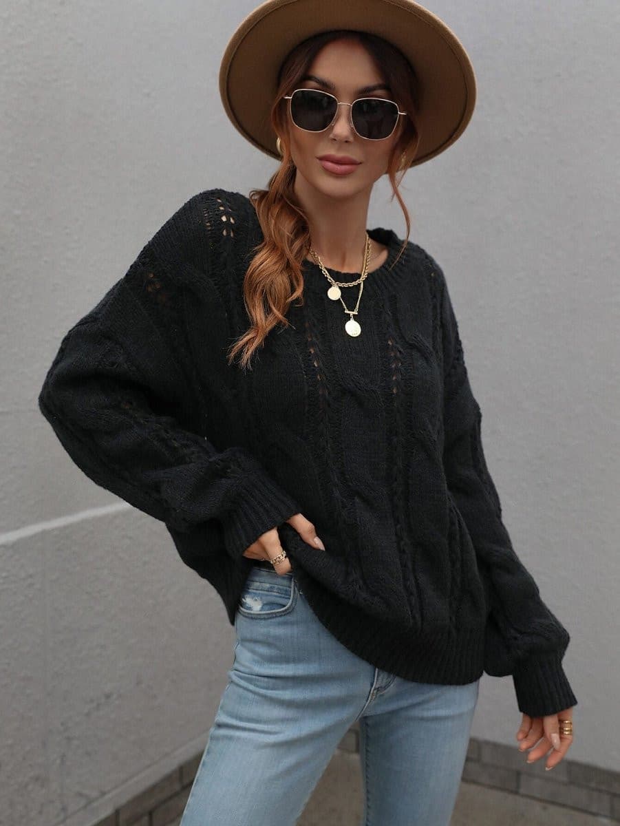 Cable-Knit Openwork Round Neck Sweater - Fashion Bug Online