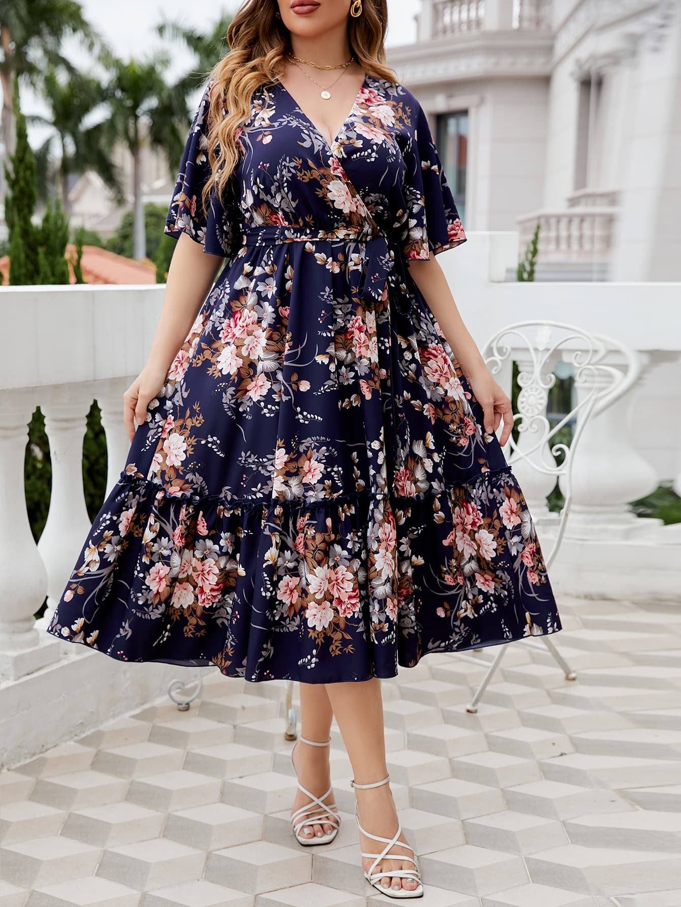 Plus Size Floral Surplice Neck Midi Dress – Fashion Bug Online