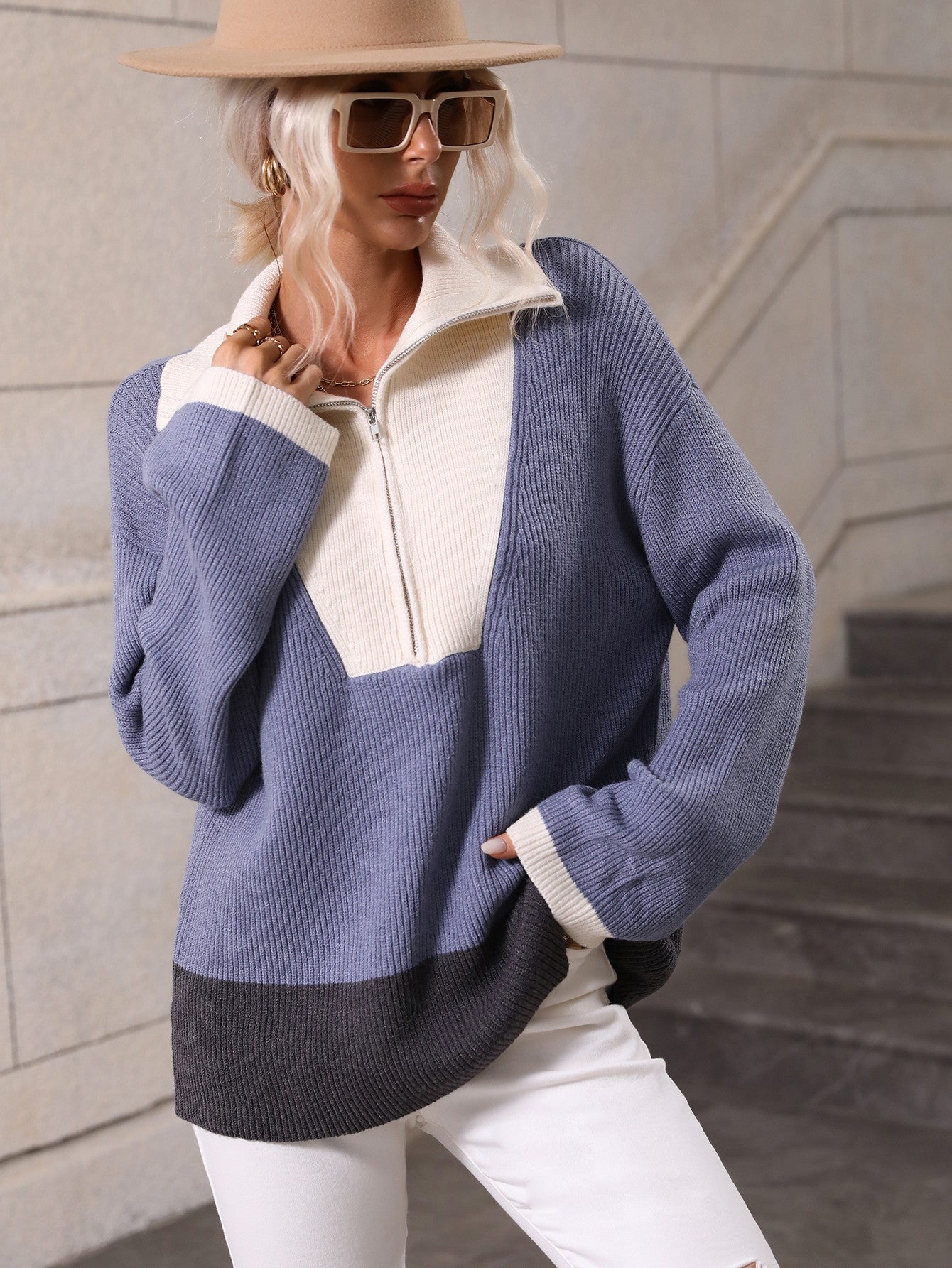 Color Block Half-Zip Dropped Shoulder Knit Pullover – Fashion Bug