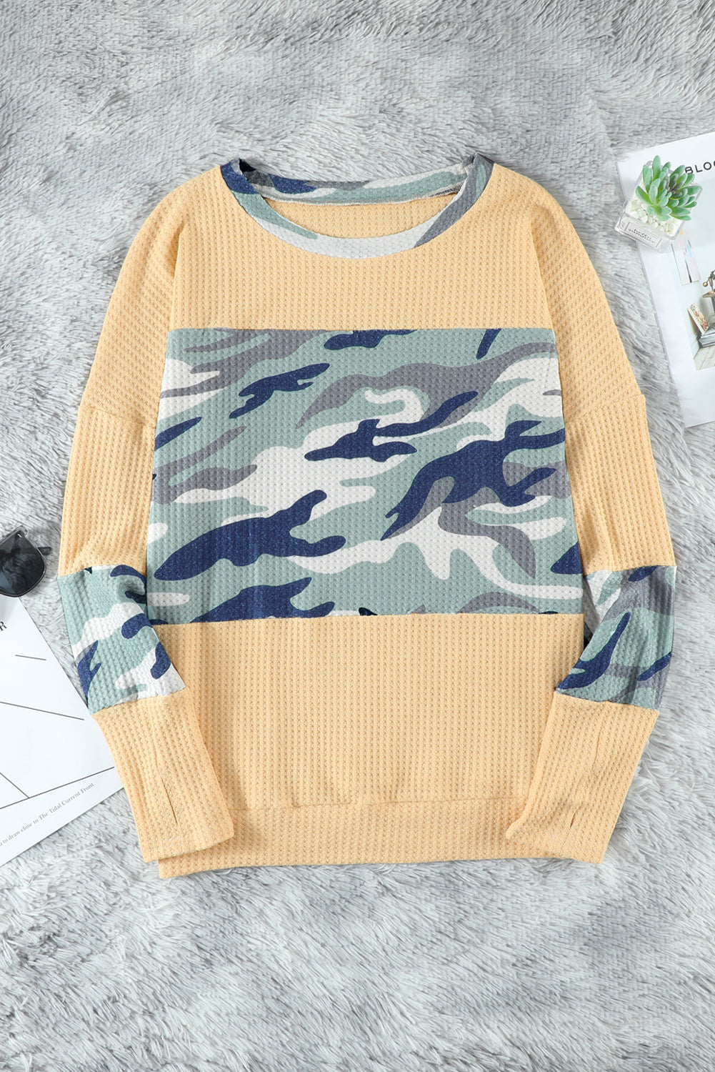 Camouflage Color Block Waffle Knit Pullover