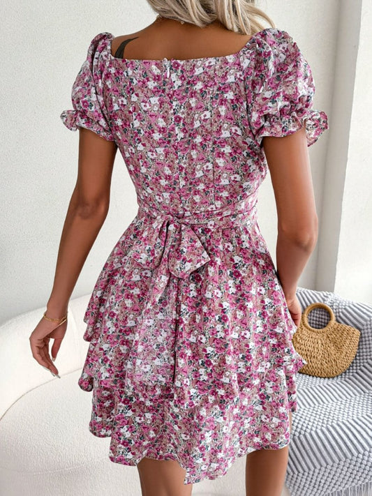 Floral Sweetheart Neck Flounce Sleeve Mini Dress - Fashion Bug Online