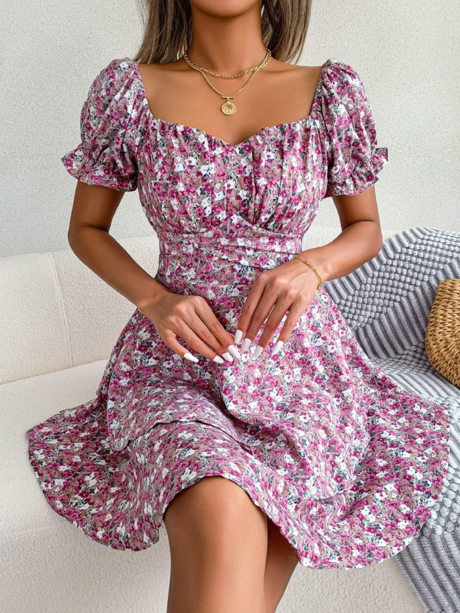 Floral Sweetheart Neck Flounce Sleeve Mini Dress - Fashion Bug Online