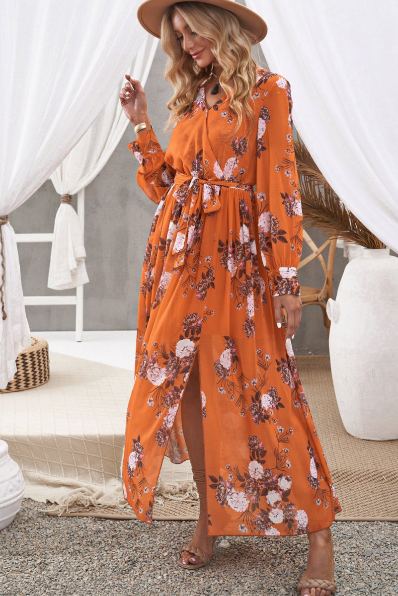 Floral Tie Waist Slit Maxi Dress - Fashion Bug Online