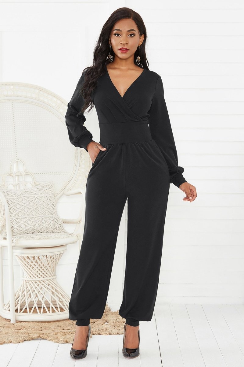 Gathered Detail Surplice Lantern Sleeve Jumpsuit - Fashion Bug Online