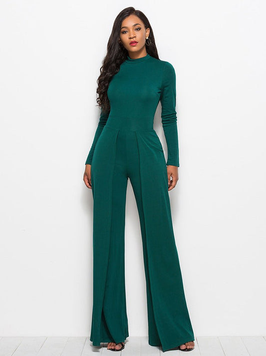 Long Sleeve Mock Neck Wide Leg Jumpsuit - Fashion Bug Online