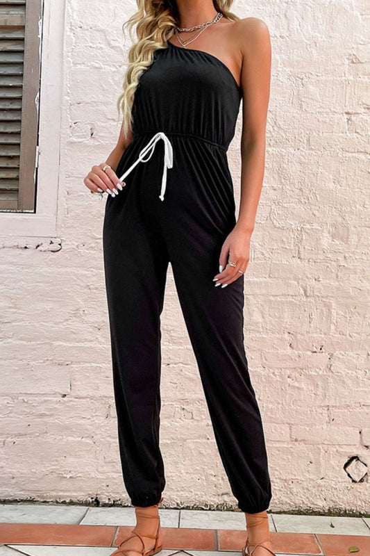 One-Shoulder Drawstring Waist Jogger Jumpsuit - Fashion Bug Online