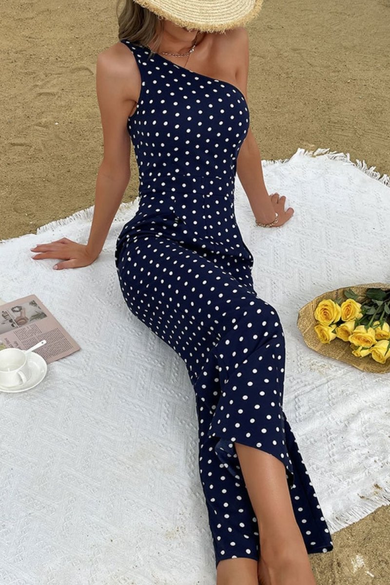 Polka Dot One-Shoulder Jumpsuit - Fashion Bug Online