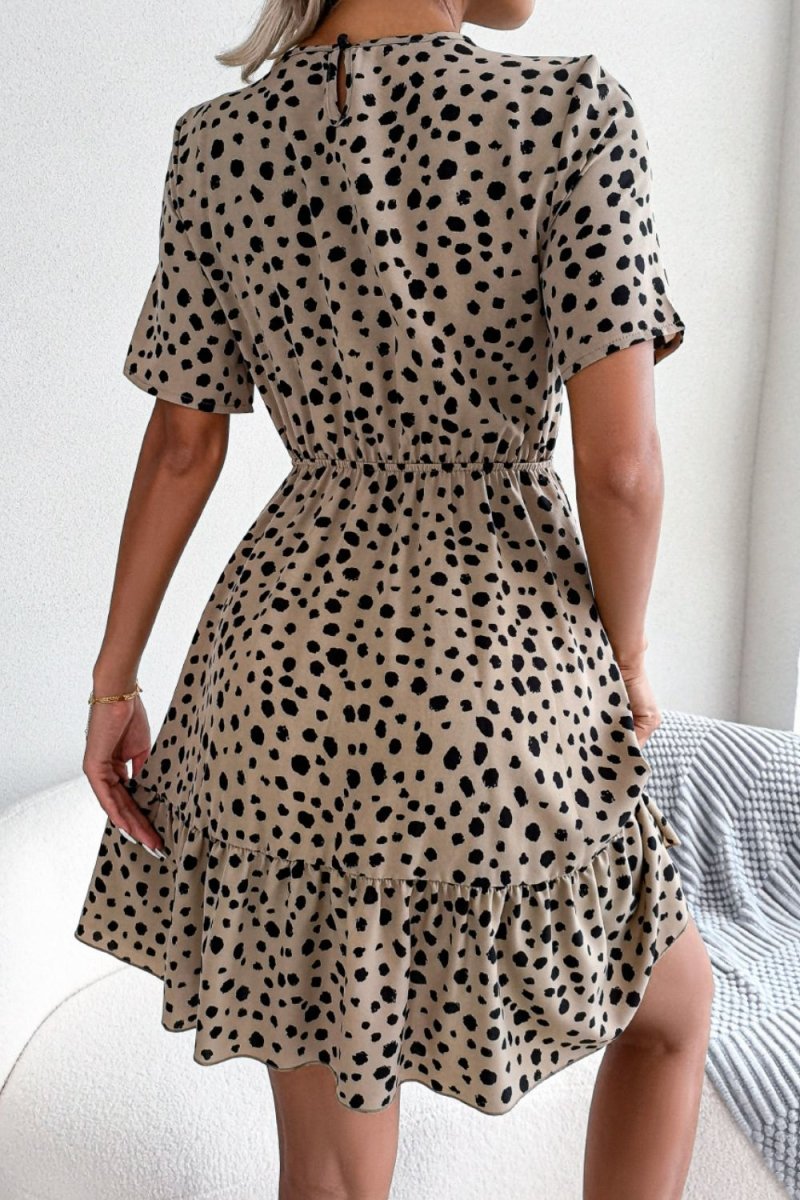 Printed Round Neck Short Sleeve Ruffled Dress - Fashion Bug Online