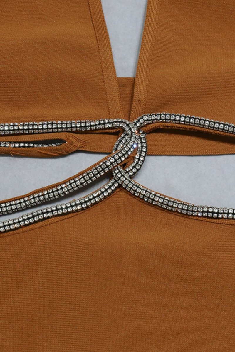 Rhinestone Halter Neck Cutout Slit Midi Dress - Fashion Bug Online