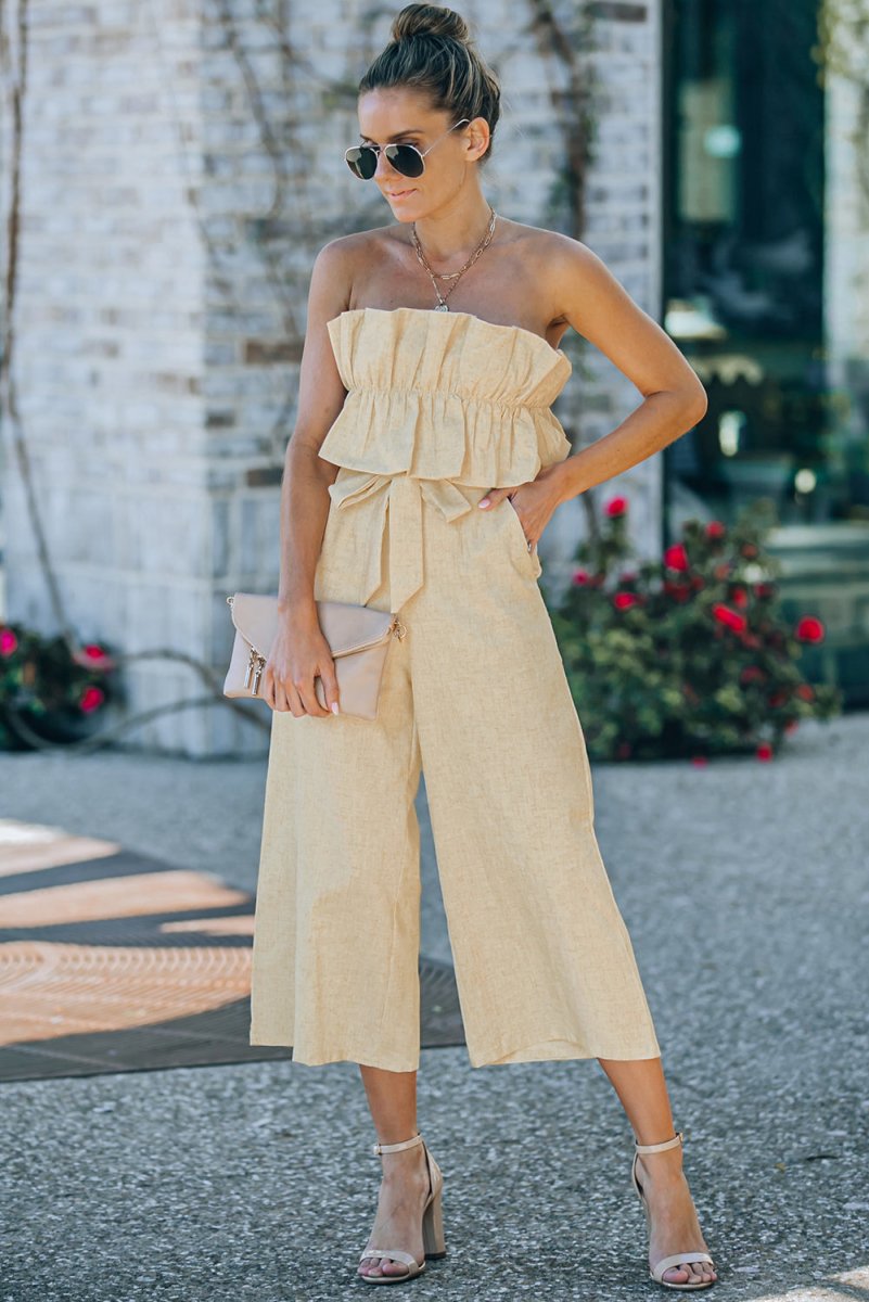 Ruffled Strapless Wide Leg Jumpsuit - Fashion Bug Online