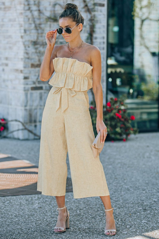 Ruffled Strapless Wide Leg Jumpsuit - Fashion Bug Online