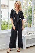 Tie Front Cutout Wide Leg Jumpsuit - Fashion Bug Online