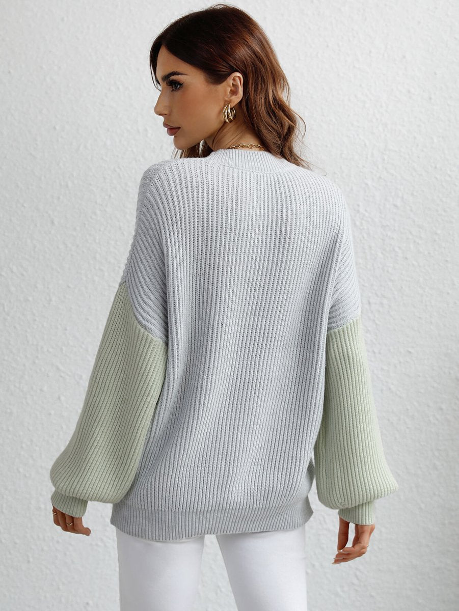 Two-Tone Rib-Knit Dropped Shoulder Sweater - Fashion Bug Online