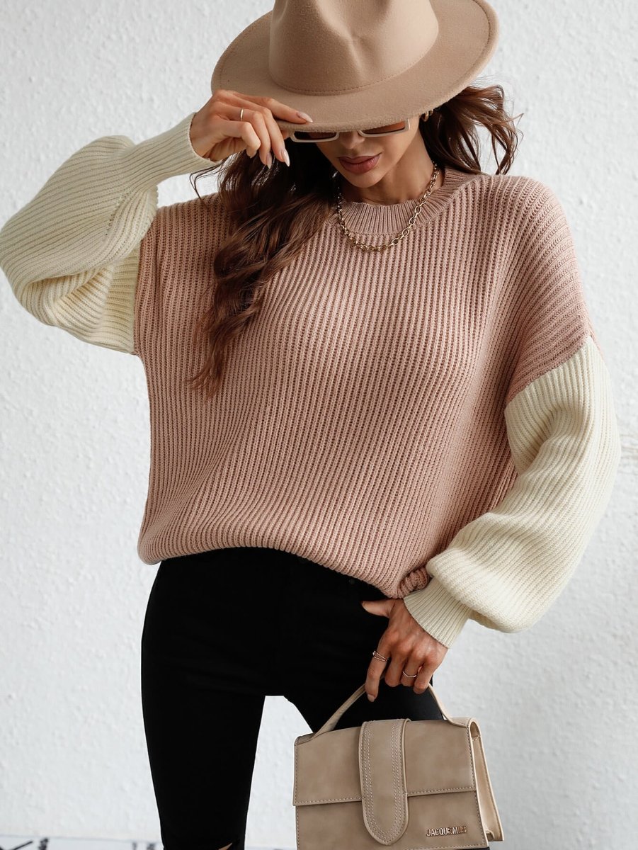 Two-Tone Rib-Knit Dropped Shoulder Sweater - Fashion Bug Online