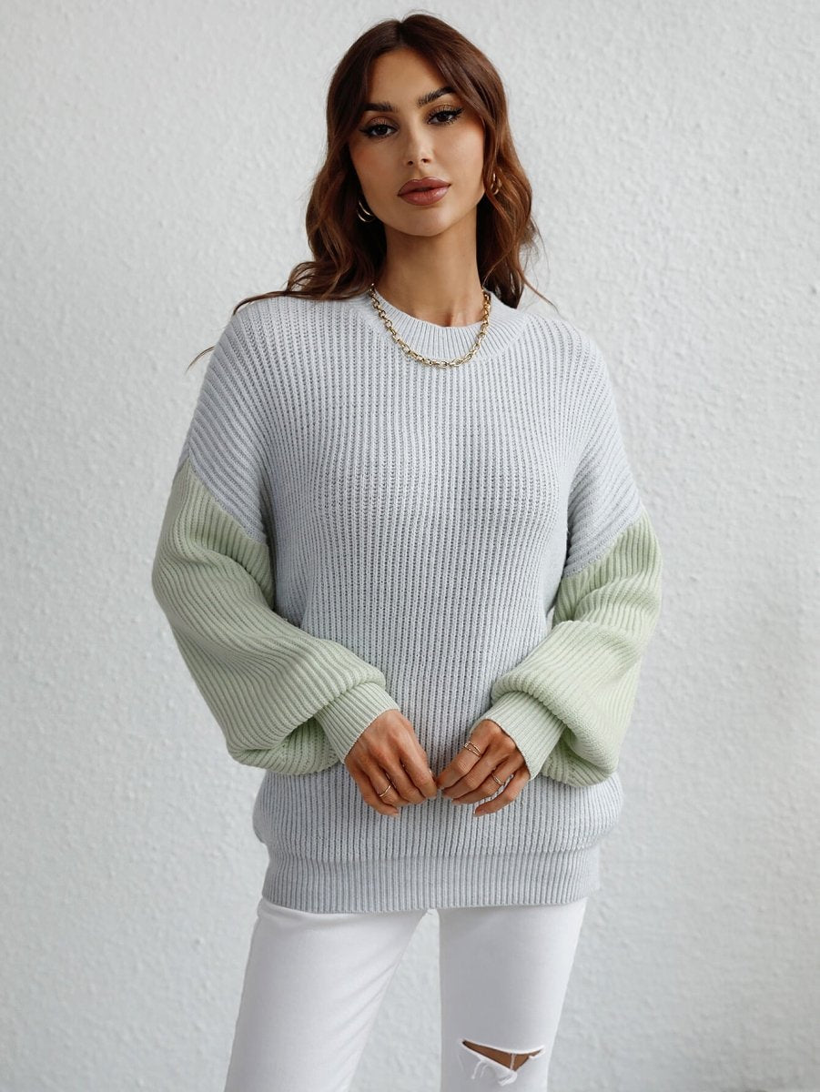 Two-Tone Rib-Knit Dropped Shoulder Sweater - Fashion Bug Online