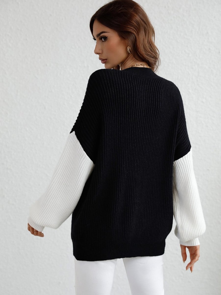 Two-Tone Rib-Knit Dropped Shoulder Sweater - Fashion Bug Online